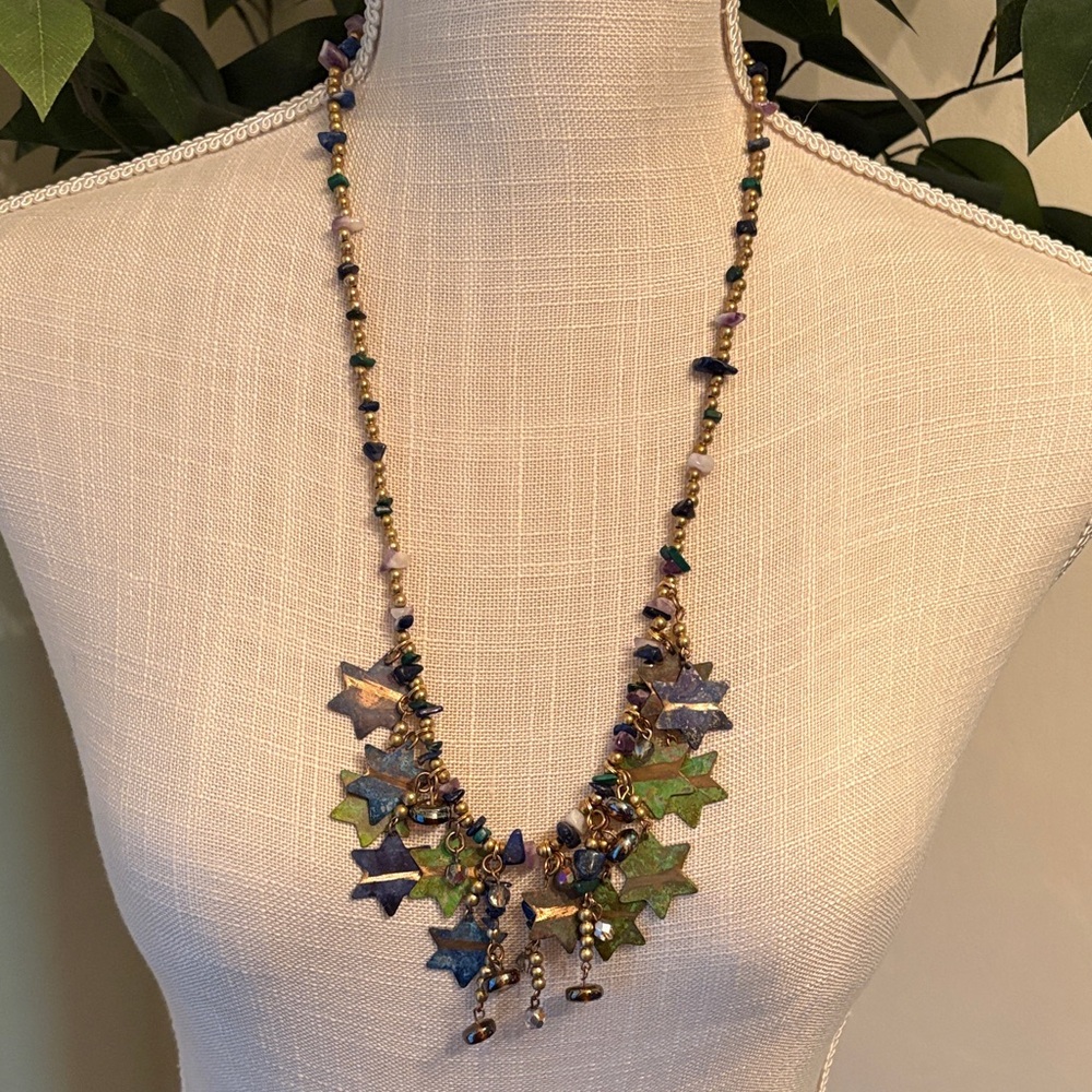 Vintage Roxsann Star Charm Necklace with Green and Blue Details